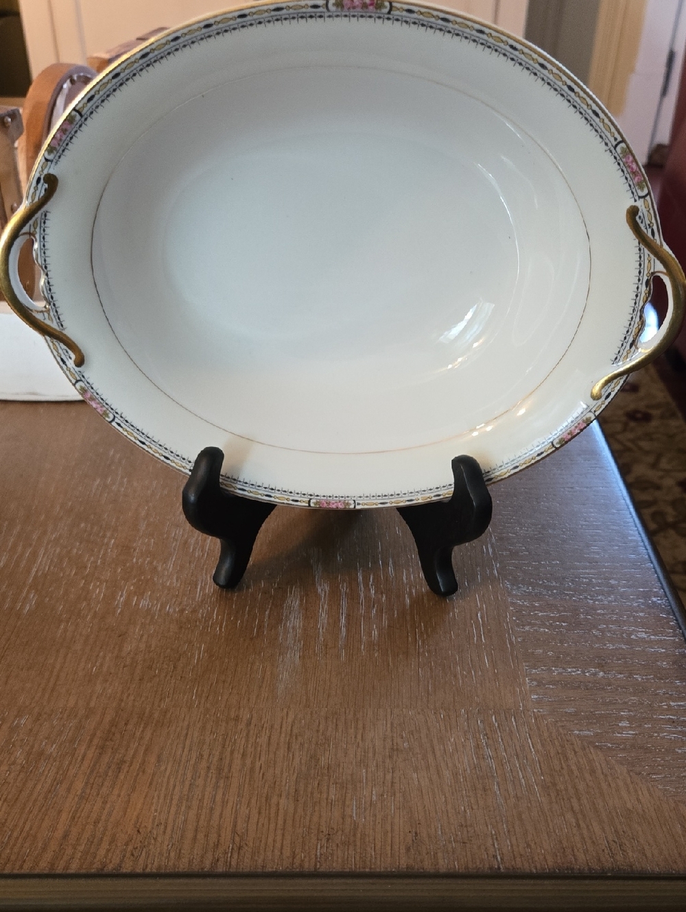 Elegant White Porcelain Serving Bowl with Gold Handles Made In Japan